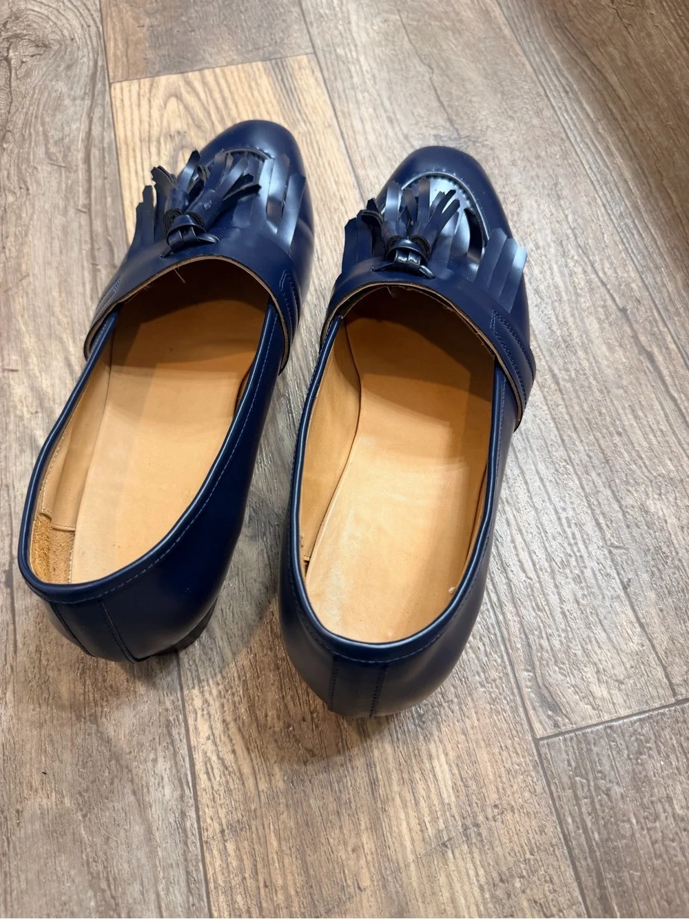Navy Tassel Fringe Leather Slip-On Loafers